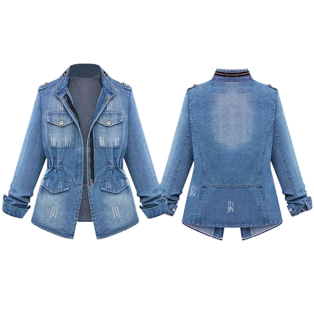 Women Casual Denim Jackets Cardigan Zipper Casaco Feminino Coat Pockets Top Streetwear Slim Elastic Waist Jeans Jacket 210428