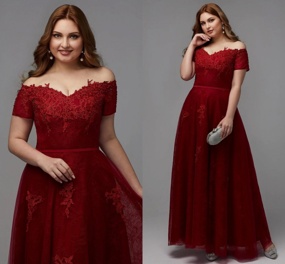 A-Line Plus Size Burgundy Engagement Evening Dress Off Shoulder Lace-up Short Sleeve Lace Appliques Formal Party Gown New Robes De Soirée Vestidos Fea