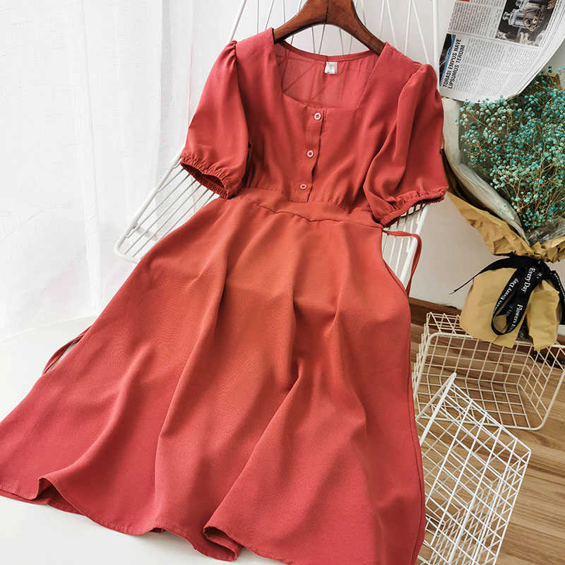 Summer Elegant Square Collar Chiffon Slim Dress Solid A-line Puff Sleeve High Waist Single Breasted Women Medium 210526