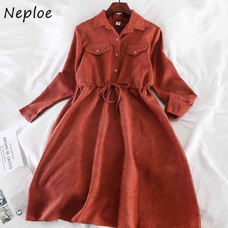 Neploe Hong Kong Style New Autumn Winter Vintage Dress Drawstring Slim Waist Loose Vestidos Fashion Shirt Dresses Women 94447 210422