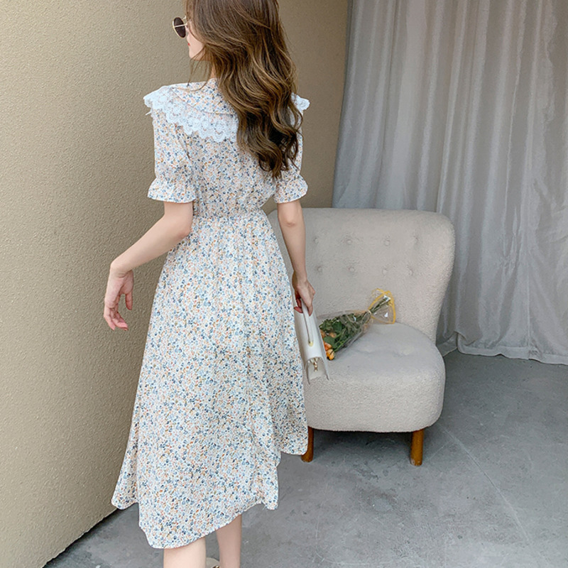 Vintage V Neck Floral Dress Women Elegant Chiffon Midi Peter Pan Collar Short Puff Sleeve Casual Summer 210515