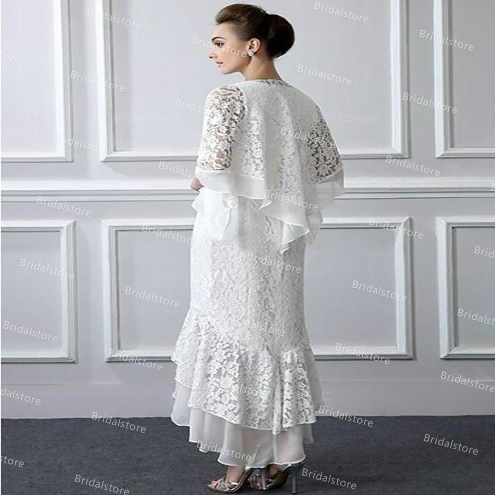 Gorgeous White Lace Mother Of The Bride Dresses Two Piece Summer Wedding Guest Party Dress 2021 Tea Length Chiffon Evening Prom Skirt With Jacket robe