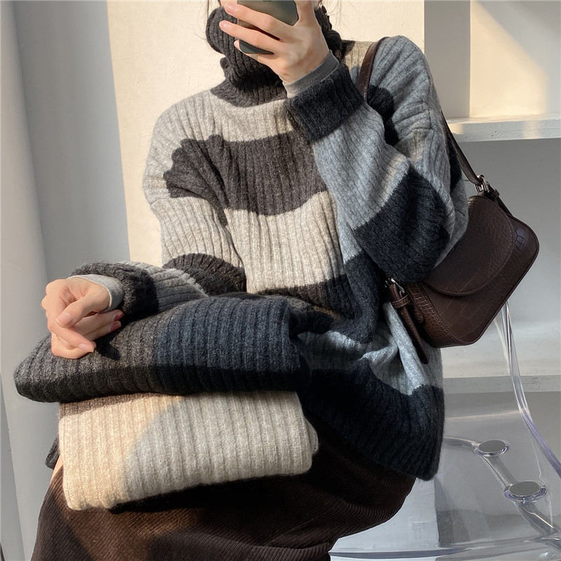 Women Autumn Winter Thick Causal Knitted Top Female Retro Wide Striped Oversize High Neck Pullover Sweater For Fashion 210520, Black
Women Autumn Winter Thick Causal Knitted Top Female Retro Wide Striped Oversize High Neck Pullover Sweater For Fashion 210520, Black