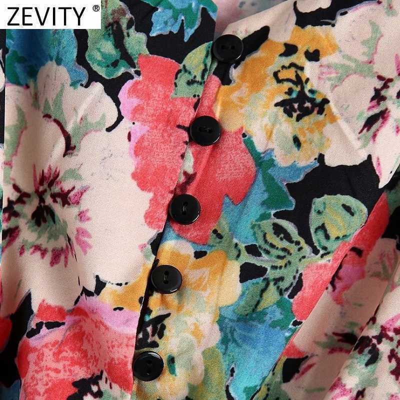 Zevity Women Vintage V Neck Puff Sleeve Elastic Waist Shirt Dress Female Chic Floral Print Casual Hem Ruffle Mini Vestido DS8275 210603