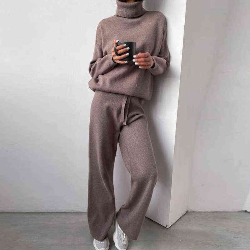 Warm Knitt Women Hoodie Sweatshirt Two Piece Set Autumn Pants Top 2PCS Outfits Female Solid Casual Sports Suits Sweatshirts 211116