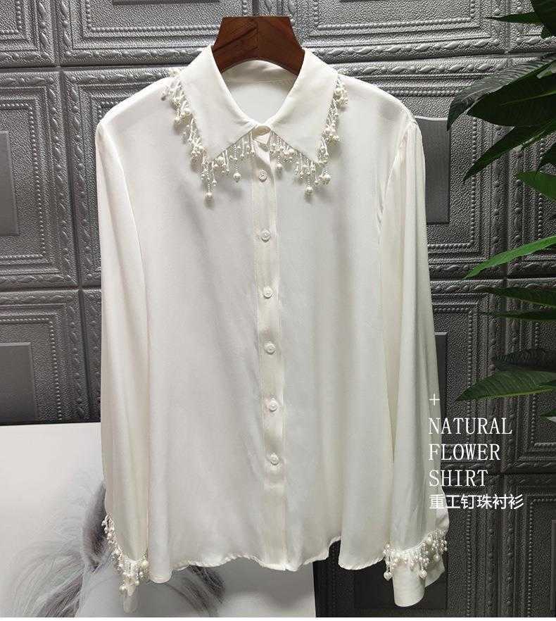 Spring White Shirt Full Fashion Bead Solid Turn-down Collar Office Lady Womens Tops 210615Z
