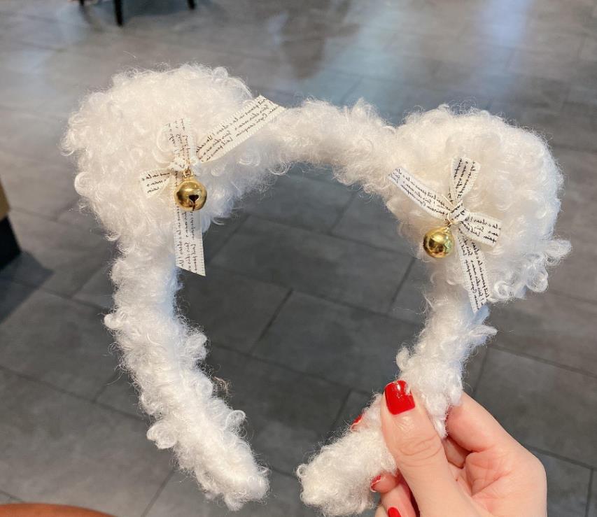 Bear Ear Bell Bowknot Fur Headband Hair Stick Accessories Cute Curly Plush Hairband Soft Fashion Hoop for Party Gift