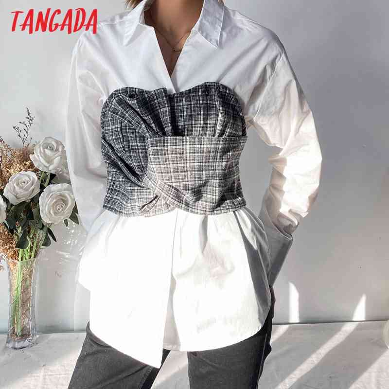 Women Vintage Patchwork White Long Sleeve Chic Female Office Lady Shirt 3W141 210416