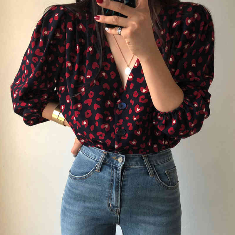 Shirts Women V Collar Office Blouse Heart Printed Tops and Blouses Vintage Elegant Blusas Femininas Summer 210519