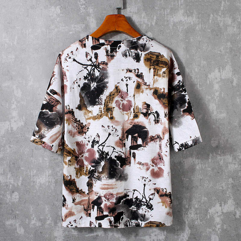 LIFENWENNA Fashion Buckle V Neck Short Sleeve T Shirt Men Summer Casual Flower Print Cotton Linen Men's Hip Hop Top Tees 5XL 210528