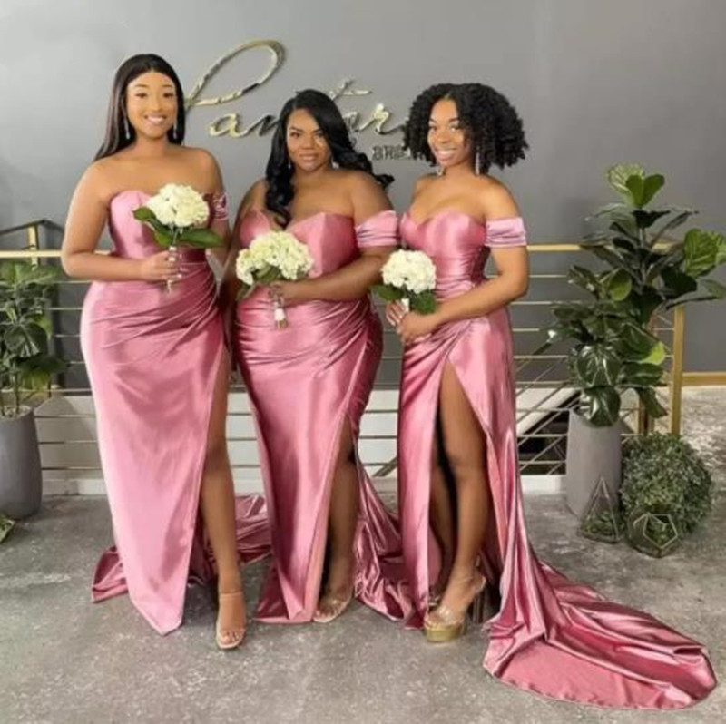 Rose Pale Pink Mermaid Bridesmaid Dresses Sexy High Slit African Black Girls Junior Maid of Honor Dresses for weddings plus size