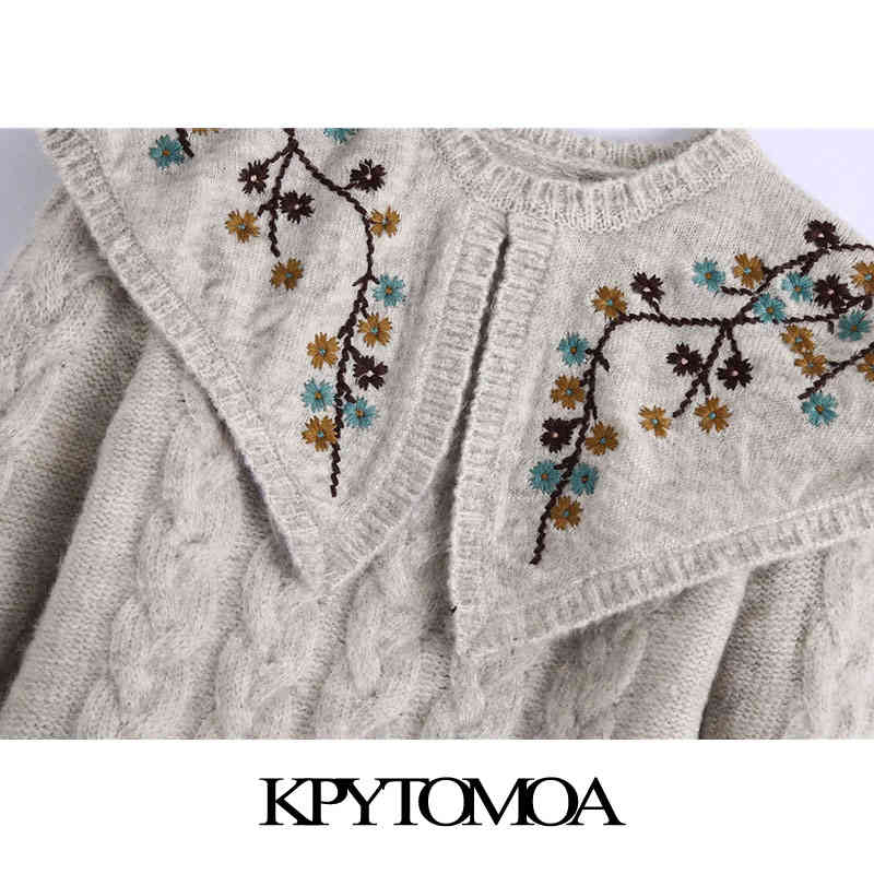 Women Fashion Embroidered Cropped Knitted Sweater Peter Pan Collar Long Sleeve Female Pullovers Chic Tops 210420
