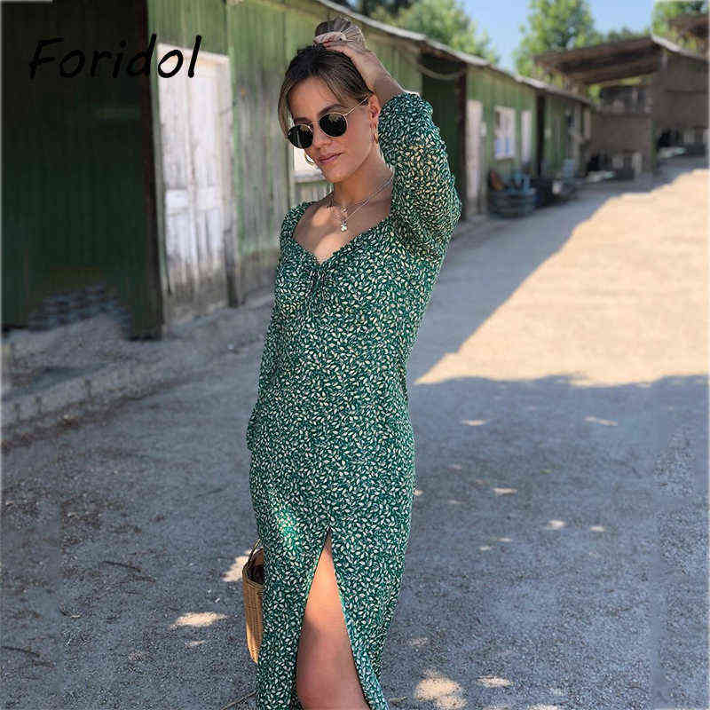 Spring Vintage Long Sleeve Green Floral Dress Women Autumn Winter Slit Long Maxi Dress Leaf Print Boho Dress Vestidos Black 211029