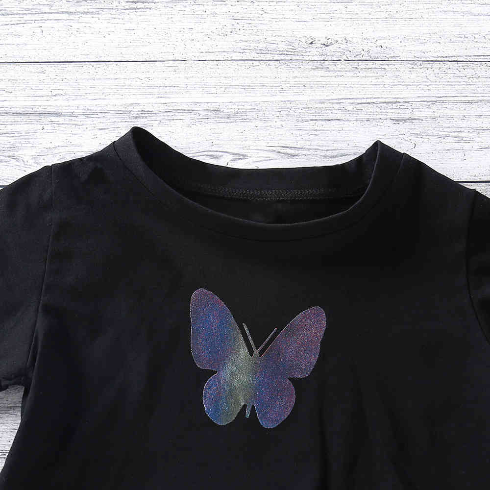 Kids Clothing Summer Girls Fashion Butterfly Short-sleeve T-shirt + Trousers Two-piece Casual Sports Children's Clothes Set 210515