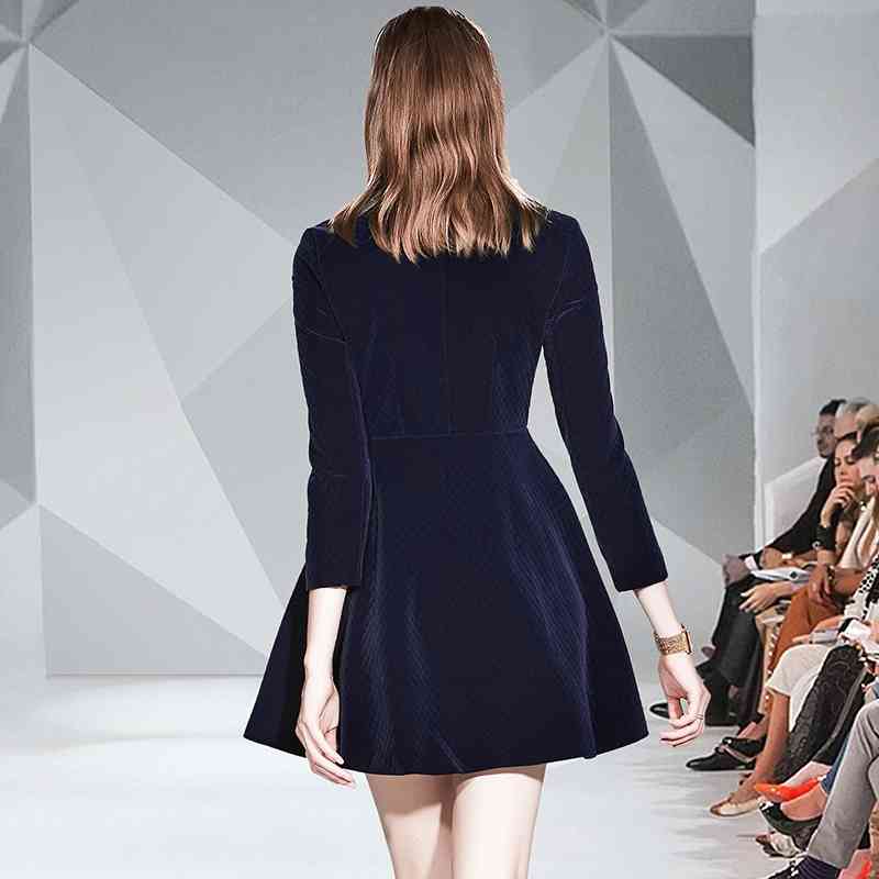 Autumn And Winter Blue Velvet Big Swing Dresses Long Sleeve Single Breasted Plus Size Vestido Da Festa 210520