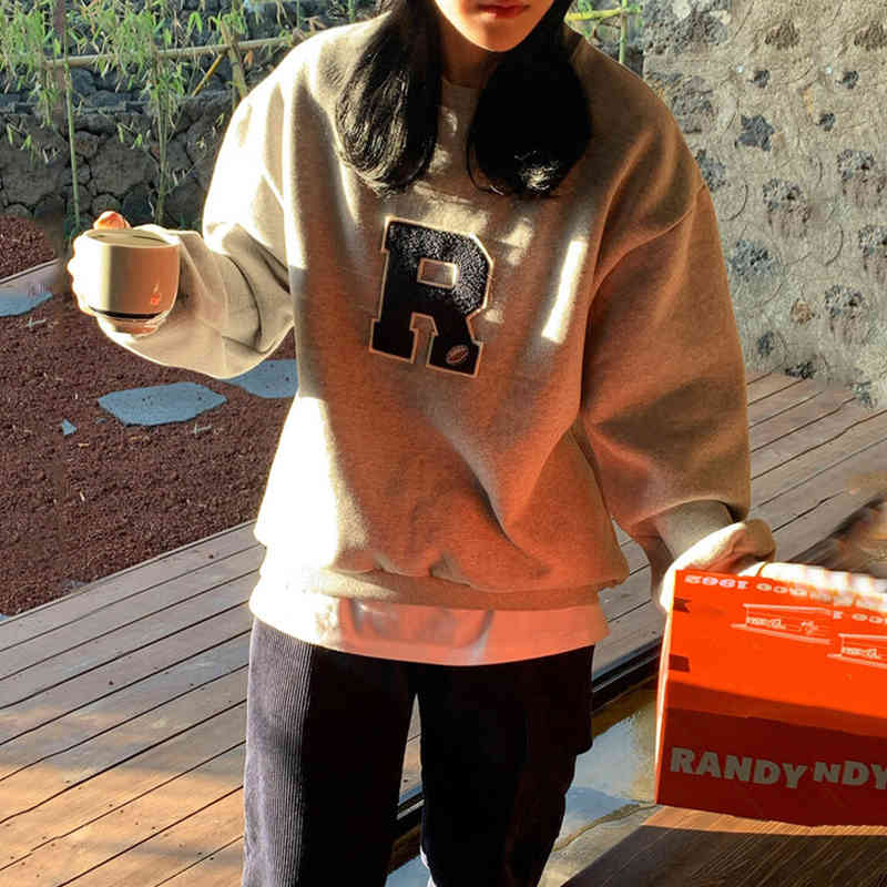 Nomikuma Fleece Pullover Sweatshirt Causal Korean Letter Applique Top Jumper Autumn Winter Long Sleeve Women Hoodies 6D453 210427