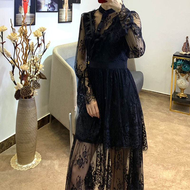 Summer Spring Mesh See Through Lace Black Dress Women Vintage Casual Midi Long Dresses Streetwear de fiesta Plus Size 2X 210421