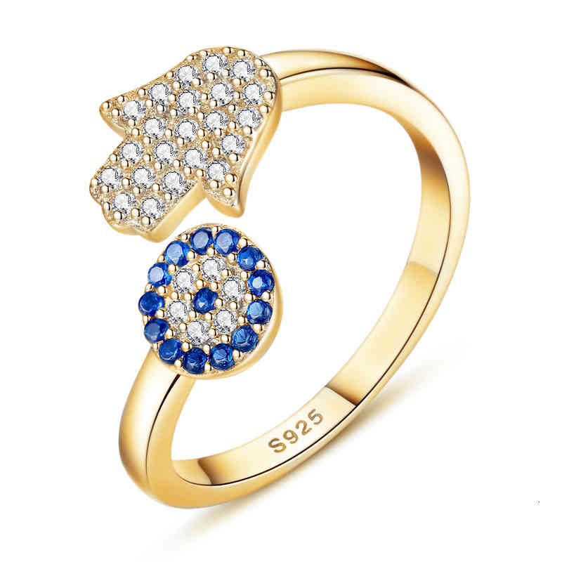 Kaletine 925 Sterling Silver Evil Blue Eye Hamsa Fatima Hand Adjustable Female Rings Open Size Ring Wedding Jewelry