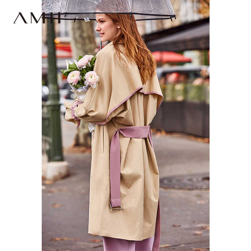 Lapel Trench Coat Spring Women Solid Patchwork Loose with Belt Female Long Jackets 11930064 210527