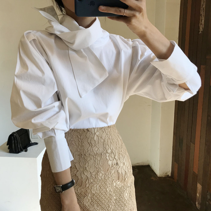 OL Elegant Bow Collar White Shirt Women Spring Autumn Formal Work Wear Solid Blouses Loose Puff Sleeve Female Tops 210421