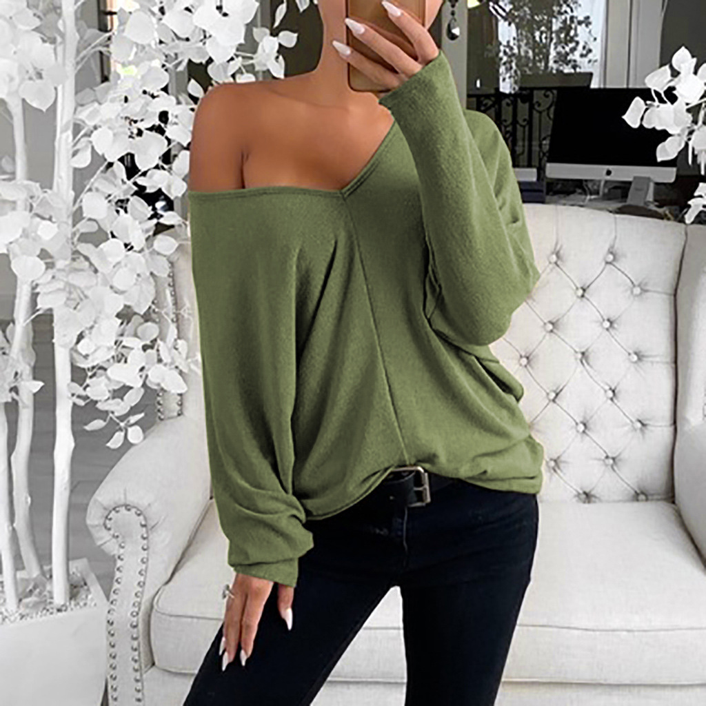 Women's Tops Tees T-Shirt European and American style new simple big V-neck shoulder sleeves loose long-sleeved