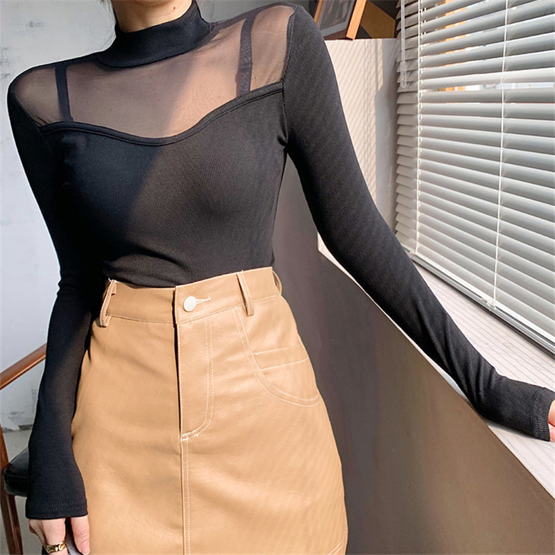 Plus Size Female Turtleneck Solid Basic Women All Match Brief Tops Full Sleeves Patchwork Lace T-Shirts 210421