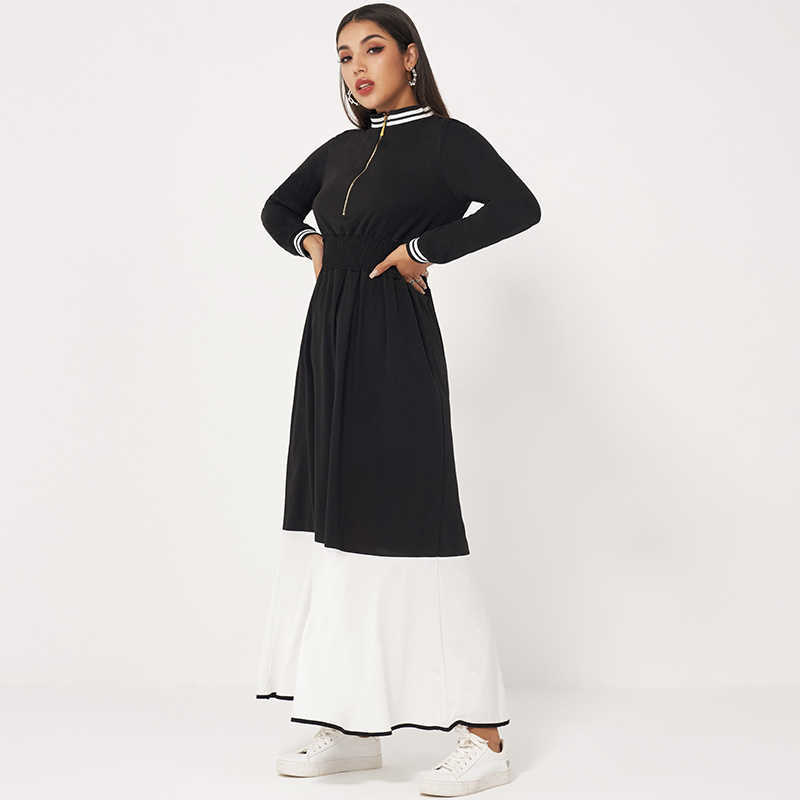 MAI&FUN Womens Dress Casual Sports Metal Zipper sSretch High Waist Contrast Color Stitching Long Sleeve Casual Dress 211023