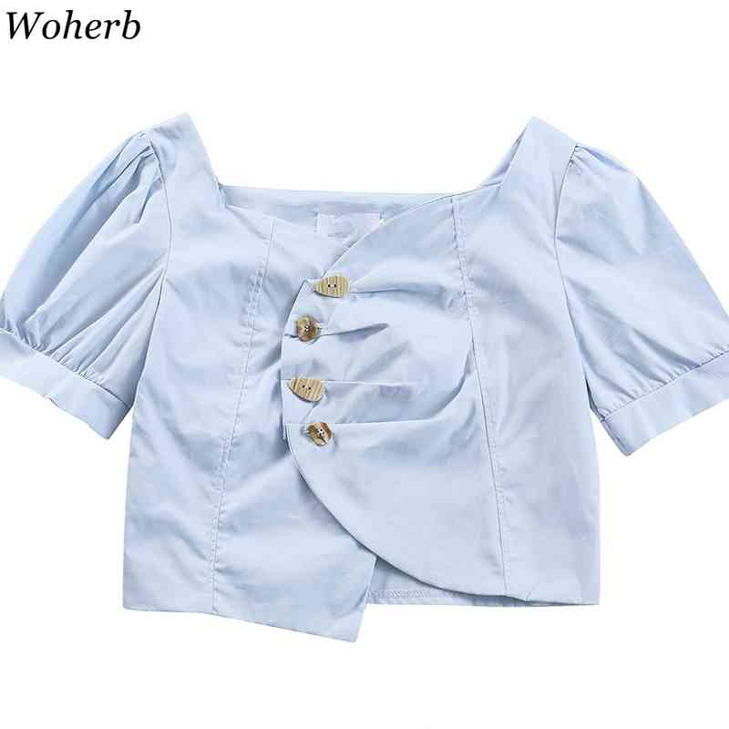 Shirts Women Irregular Square Collar Buttons Blouses Puff Short Sleeve Crop Tops Korean Chic Elegant White Blusas Mujer 210519