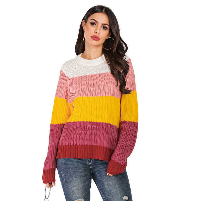 Winter Clothes Women Loose Casual Knitted Pullover Long Sleeve Striped Patchwork Sweater Girl Green Warm Crew-Neck 210604