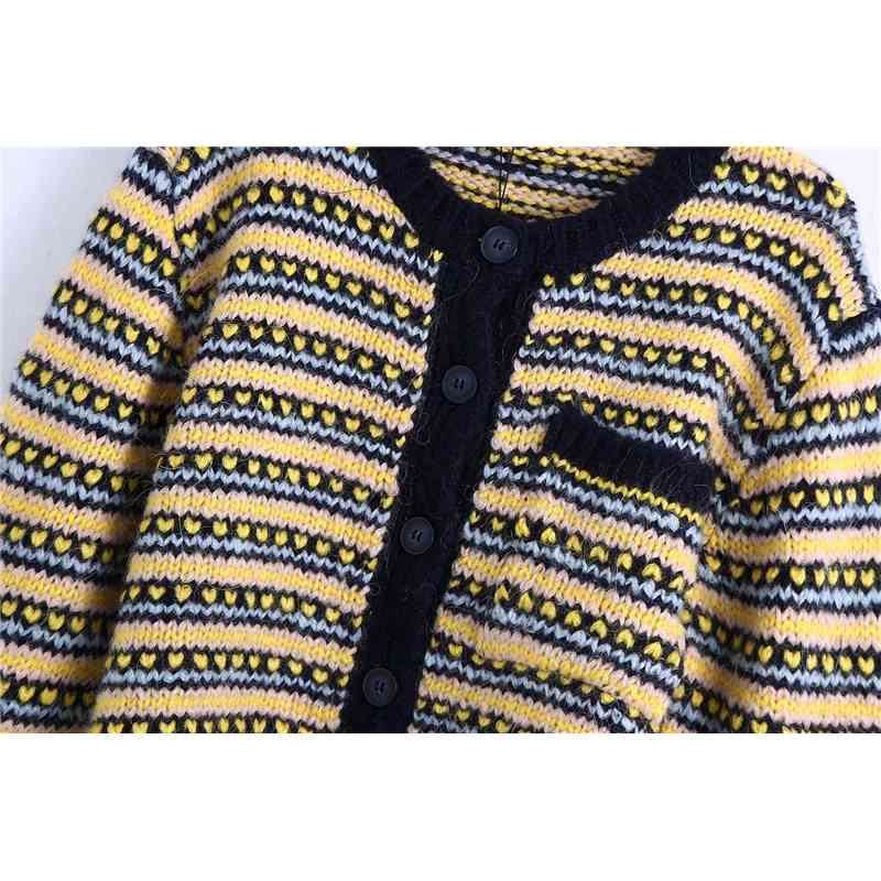 Vintage Women Striped Sweaters Fashion Ladies O-Neck Pocket Knitted Coats Streetwear Female Chic Button Cardigans 210430