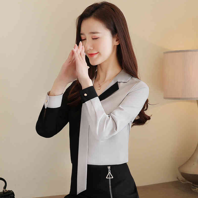 Autumn Korean Style Long-Sleeve Chiffon Blouse Loose Plus Size Gray Women Shirt V Neck Ladies Clothing 10753 210518