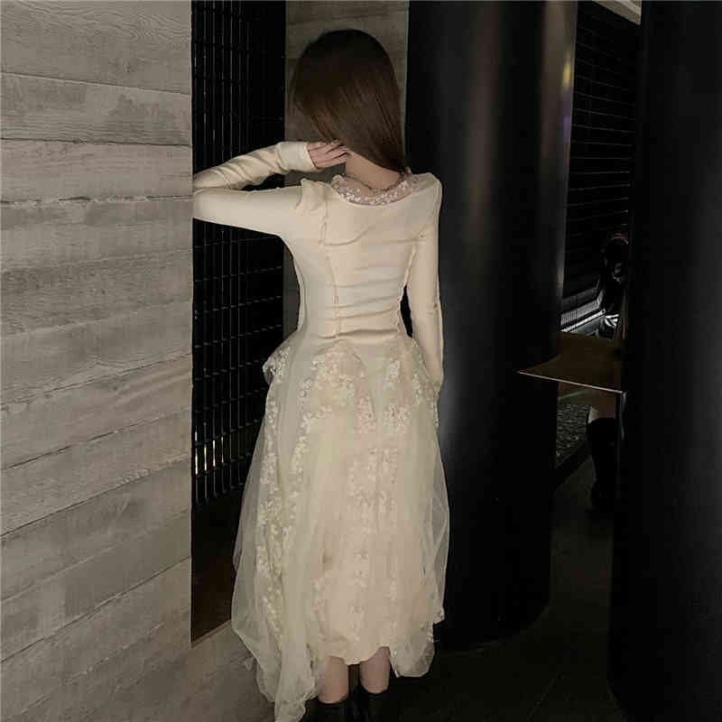 Spring Elegant Lace Dress Women Casual Long Sleeve Slim Sweet Dress Korean French Vintage Party Dress Female 210521
