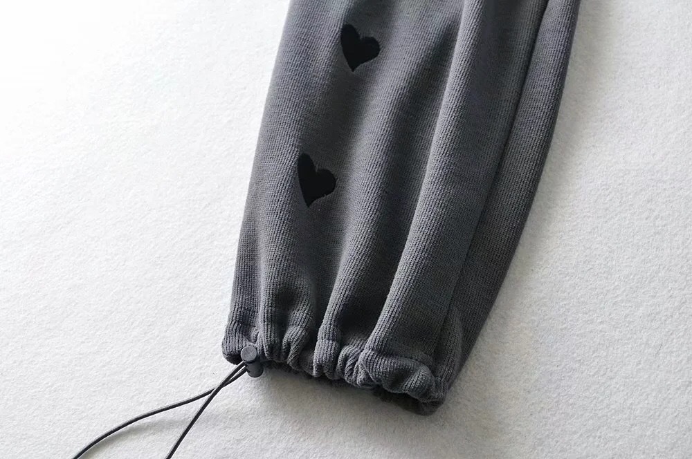 Spring Autumn Contrast color Heart Embroidery Wide Leg Pants Woman Adjust Rope Cuff Loose Trousers Sports Casual Bottom 210429