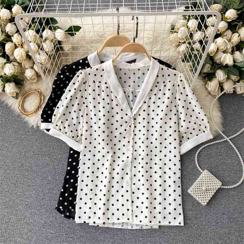 French Style Women's Blouse Summer Short Sleeve V-neck Casual Femle Top Vintage Polka Dot Print Single Breasted Chic Shirt Tops 210603