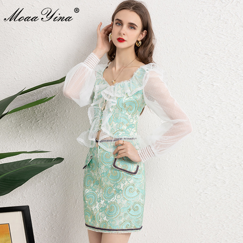 Fashion Runway Summer Short Jacquard Skirts Suit Women's Sexy Ruffle Mesh Long sleeve Tops and 2 Pieces Set 210524