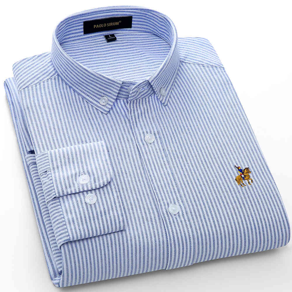 Spring 100% Cotton Oxford Men Shirt White Long Sleeve Embroidery Regular Fit Soft Thick Comfortable Male 210410