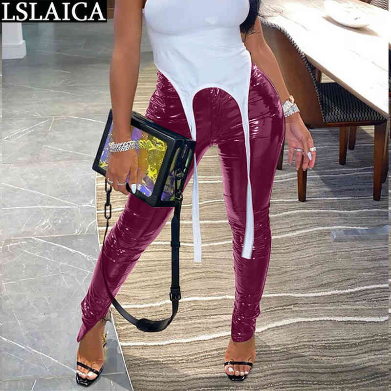 Fashion Pu Leather Trousers Solid Color Plush and Thicken Autumn Winter Woman Pants Casual High Waist Streetwear Pontalon Femme 210515