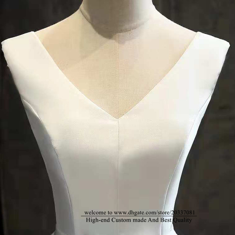 Sweety Sexy White Deep V-Neck A-Line Formal Evening Dresses 2021 Bow Satin Lace Up Prom Party Gowns E43