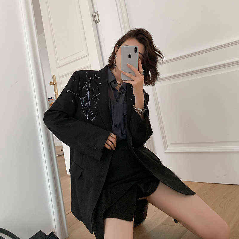 Fashion Women's Blazer Long Sleeve Niche Splash-ink Printed Casual Black French Suit Jacket Autumn 211122