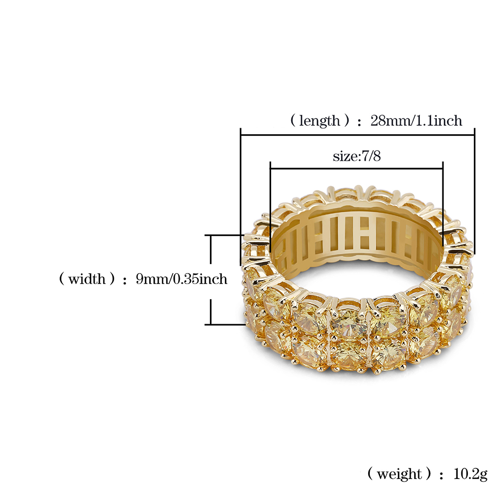 Design Gold Color Mens Ring Micro Pave 2 Row Chain Big 3A Gold Zircon Shiny Hip Hop Finger Rings For Men Women Jewelry