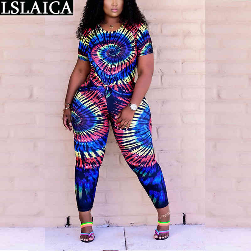 Drop Summer Suit Short Sleeve T-shirt Long Pants Tie Dye Print Plus Size Women's Sports Elegant Casual Home 210520