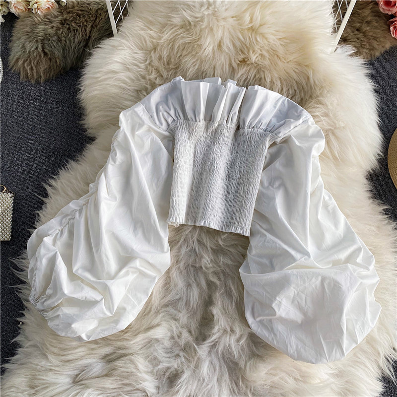Nomikuma Ruffle Off Shoulder Sexy Strapless Blouse Puff Long Sleeve Women Top Korean Stretch Slim Waist Short Blusas Mujer 6D472 210427