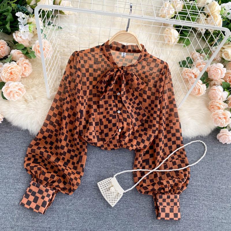 Womens Autumn Blouse French Retro Bow ONeck Long Sleeve Plaid Chiffon Shirts Women blusa PL488 210401