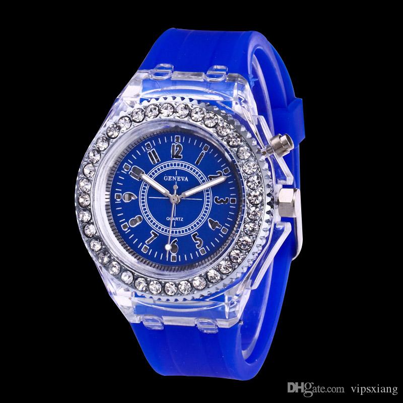 Luminous 7 color led watch fashion trend of male and female students couple jelly Geneva Transparent Rhinestone Case Silicone watches, Pink