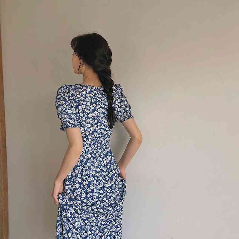 Chic Casual Puff Sleeve Women Maxi Dresses Plus Size V Neck Split Floral Dress Summer A-Line Ladies Robe Blue Vestidos 210521