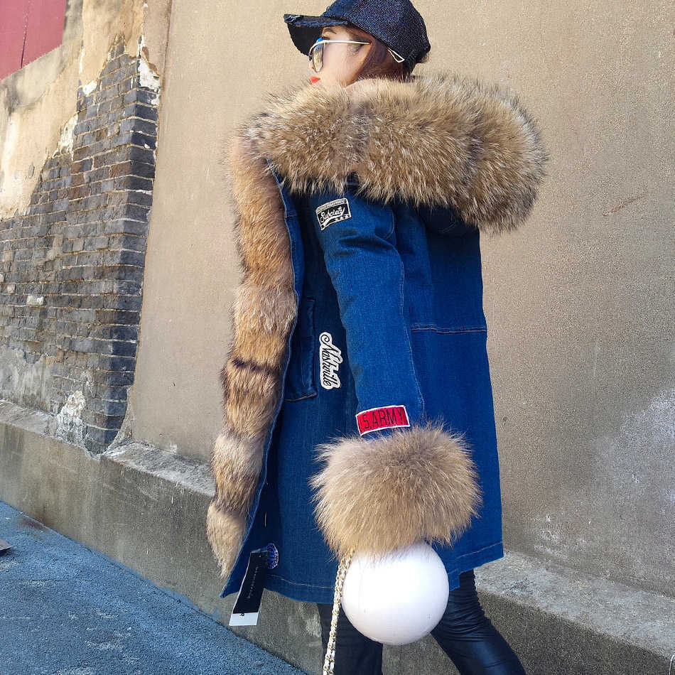 maomaokong winter women natural real rabbit fur lining fur collar Women's denim jackets parkas fur coat 211019