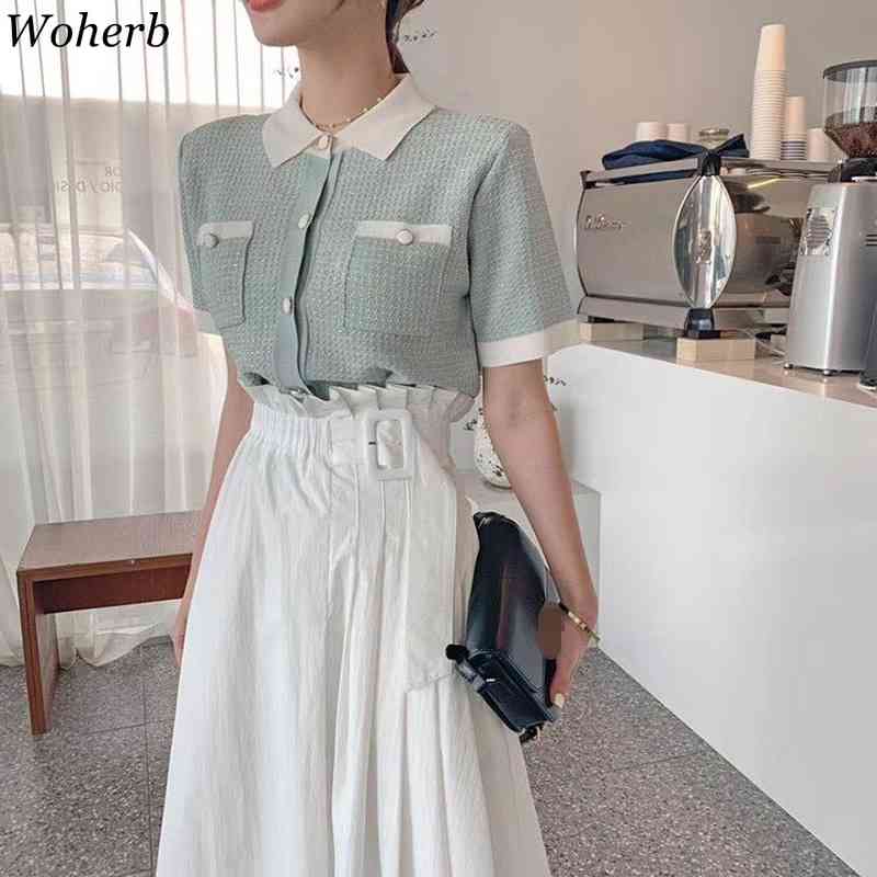 Summer Thin Short Sleeve Cardigan Women Korean Chic Knitwear Slim Contrast Color Cardigans Casual All Match Top 210422