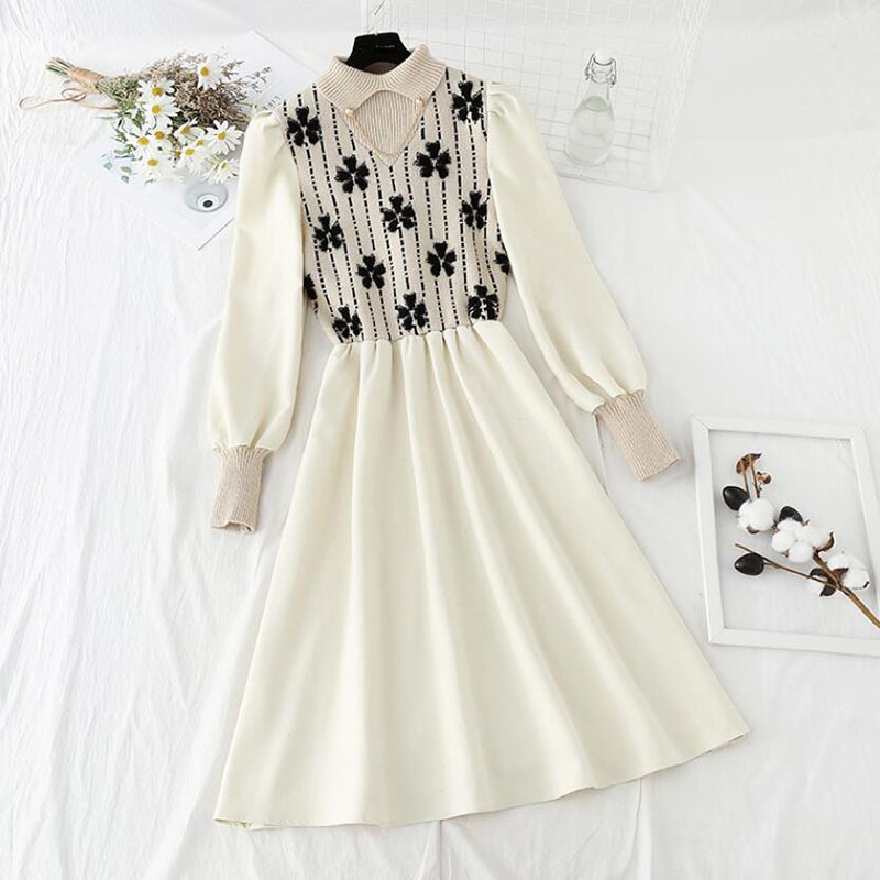 Spring Splicing Knitted Women Dress Half high collar Print Long Sleeve Dresses A-line Vintage Black Dress Vestidos 210521