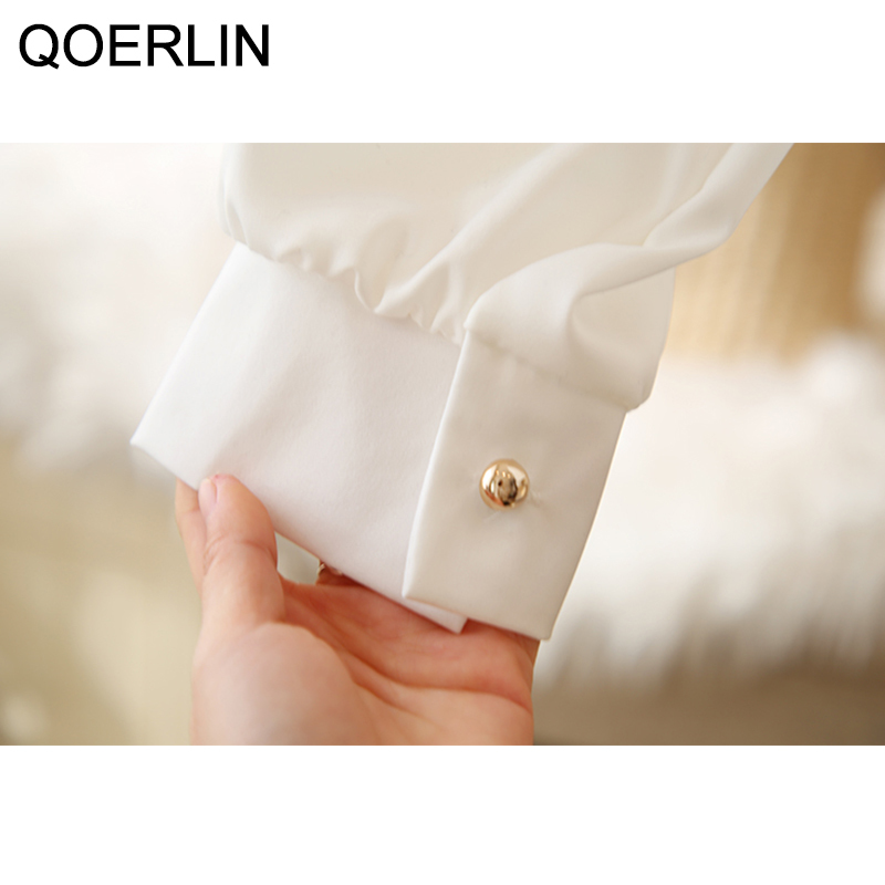 QOERLIN OL Style Ladies Temperament Beaded Solid White Shirt Top Korean Fashion Stand Collar Long Sleeve Workwear Blouse Plus 210412