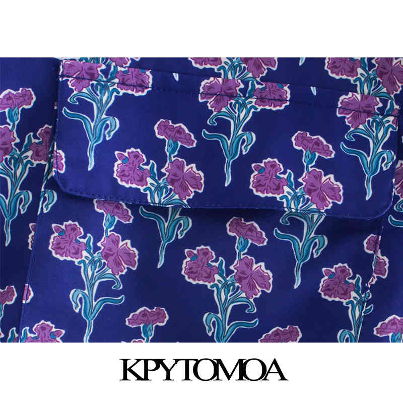 Women Fashion Pockets Floral Print Loose Irregular Blouses Short Sleeve Button-up Female Shirts Chic Tops 210420